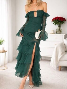 ASOS Designs green off-the-shoulder ruffle detail maxi dress (size US 12)